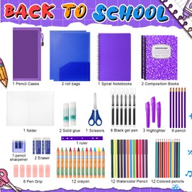 Gilprop 39 Pcs Back to Supplies Essentials Bundle Include Pencils Scissors Ruler Eraser Crayon Sharpener Notebook Pencil Case Folder Notebook(Purple)