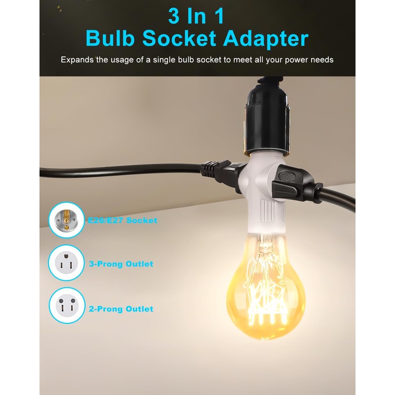 Light Socket Outlet Adapter, 3 Prong Light Socket Adapter, Polarized