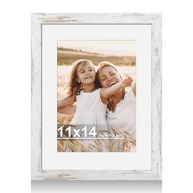 Hongkee 11x14 Picture Frame with Real Glass - 8x10 Wooden Frame with Mat, Horizontal and Vertical Display for Wall or Tabletop (Distressed White, 1 Pack)