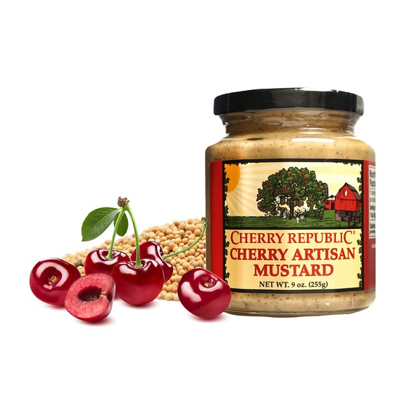 Cherry Artisan Mustard - Michigan Tart Cherries - Mild and Sweet Condiment - 9 oz Jar