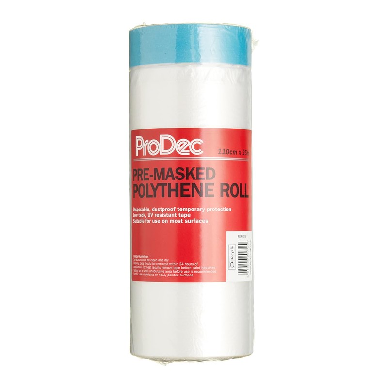 ProDec 110cm x 25m Pre-Masked Polythene Dust Sheet Roll, Dustproof