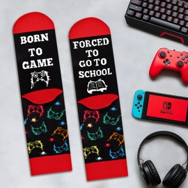 Funny Game Socks for Men Women Teen Boys Gamer - BORN TO GAME FORCED TO GO TO SCHOOL Novelty Fun Funky Crazy Cool Socks - Birthday First Day of School Student Gifts Ideas Christmas Stocking Stuffers