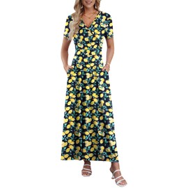 AUSELILY Maxi Dresses for Women Ankle Length Floral Print Beach Long Flowy Dress with Pockets Black Lemon L