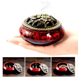 Incense Burner 3 in 1 Ceramic Stick Incense Holder for Home Decor Yoga Spa Meditation (Red)