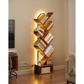 Casaottima Tree Bookshelf with LED Lights, 6-Tier Narrow Bookcase for Small Spaces, Tall Steel & Wood Storage Shelf with Cabinet, Home Decor & Organizer for Living Room/Bedroom/Home Office, Vintage