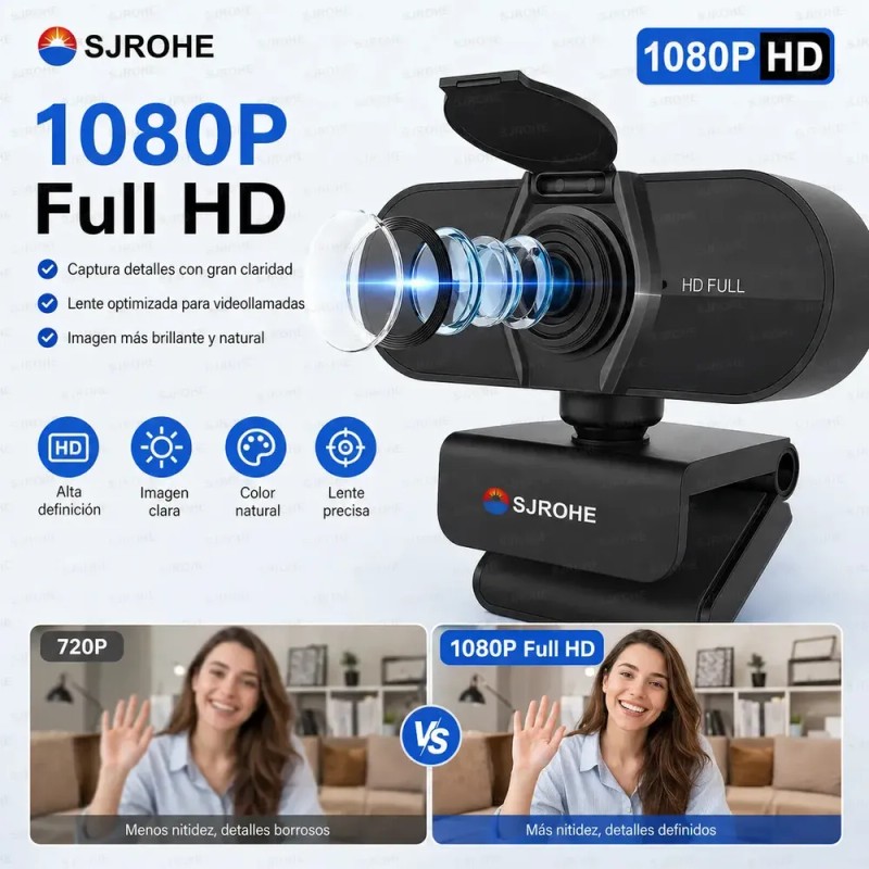 SJROHE® Cámara Web 1080p Webcam Con Micrófono 30fps Color Negro