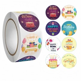 Vibrant Birthday Stickers Roll (500-Pack) - 1.5 Inch Waterproof Circle Labels for Gifts, Cards & Parties, 8 Colorful Cartoon Designs, Easy-Peel Self-Adhesive for Kids & Adults (Brown)