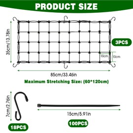 CAUTIOUS Elastic Plant Net, 3 Pieces Plant Net, Scrog Net, 120 x 60 cm, Elastic Trellis, Grow Tent Net, Hook Trellis Net, Plants, Elastic Trellis Net for Plants, Fruits, Vegetables