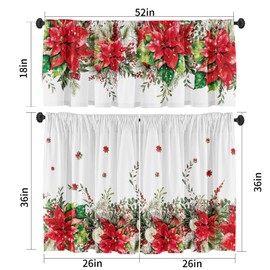 Deztibos Christmas Poinsettia Curtain Valances Set Decoration, Suitable for Kitchen, Bedroom, 54lx18w Inch 27lx24w Inchx2, Xmas Elegant Holiday3-Panel Set