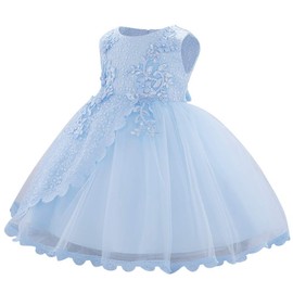Toddler Birthday Dress for 1 Year Old Girl Flower Lace Embroidery Bowknot Princess Tulle Tutu Bridesmaid Wedding Special Occasion Party Pageant Graduation Formal Prom Gown Blue 6-9 Months