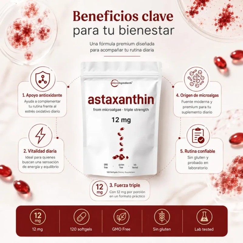Astaxantina 12mg 120 Cápsulas Blandas Antioxidante Sin Sabor