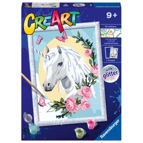 Ravensburger - CreArt D Series: Unicorn Portrait, Painting by Numbers Kit, Contains a Pre-Printed Board, Brush, Colours and Accessories, Creative Game for Children 9+ Years Old