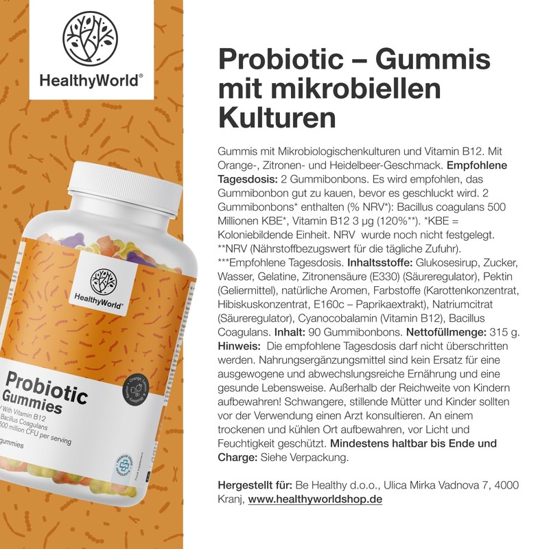 HealthyWorld Probiotic - Gummies with Microbial Cultures - Orange, Lemon