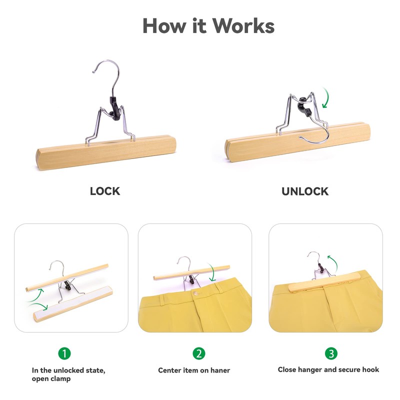 Nature Smile Wooden Pants Skirt Hangers, Smooth Finish Solid Wood