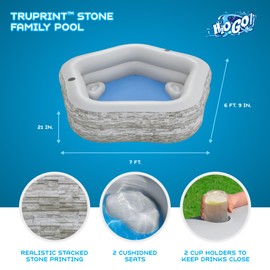H2OGO! TruPrint Stone 7'x 6'9" x 21" Inflatable Family Pool | Blow Up Swimming Pool for Kids and Adults | Includes 2 Cushioned Seats and Built-in Cup Holders