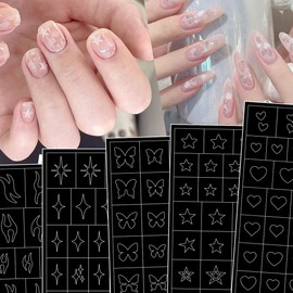 6 Sheets Airbrush Stencils 3D Hollow Butterfly Nail Decals Flame Heart Four Pointed Star for French Nail Design Manicure Decoration DIY Tools