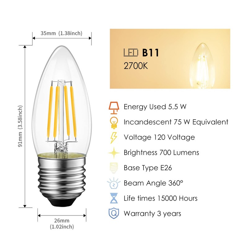LVWIT Dimmable LED Candelabra Bulbs B11 Filament Bulb E26 Base