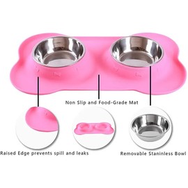 Small 13.8 oz Dog Bowl with Two Stainless Steel Feeders, No Spill, Non-Skid, Easy to Clean Food Mat for Feeding Small Dogs Cats & Puppies (Pink)