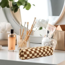 Small Pencil Pouch Plaid Makeup Bag, Knitted Cosmetic Bag Checkered Makeup Bag, Coin Pouch Office Stationery Organizer for Teen School (Brown)