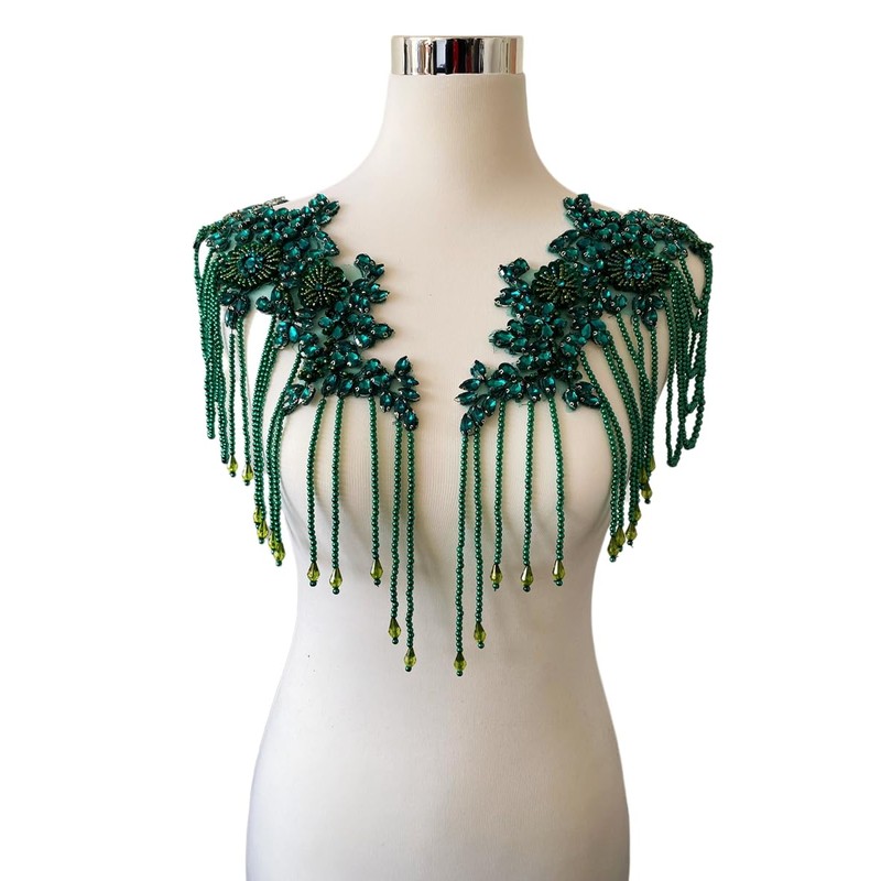 Pair Beaded Rhinestones Tassel Applique Embellishment for Clothes,Pure Handsewing Crystal