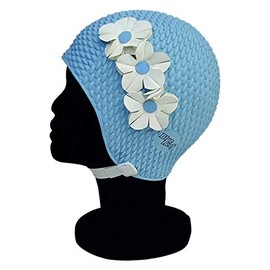 Blue Reef Tunis Bubble Single Colour Floral Ladies Classic Retro 3 Flower 2 Colour Row 3D Petal Stylish Vintage Swimming Hat Swim Cap One Size Adults With Adjustable Strap (Sky Blue)