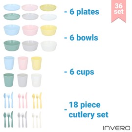 Invero 36 Piece Children's Colourful Unbreakable Plastic Reusable Bowls, Plates, Cups and Cutlery Tableware Set - Ideal for Breakfast, Lunch, Dinner, Outdoor Picnics, Parties, Travels and More