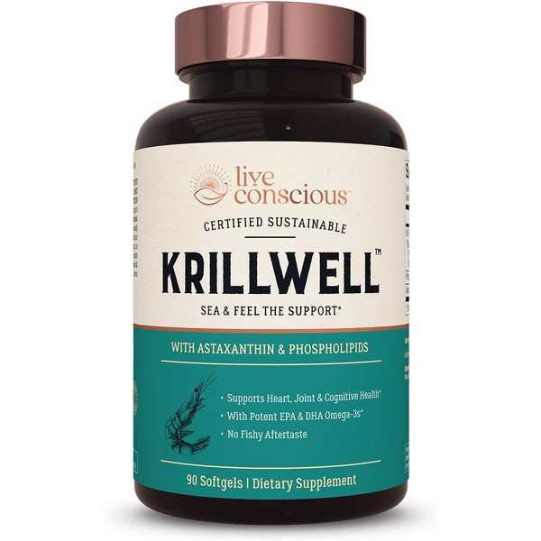 Live Conscious KrillWell Heart, Joint, and Cognitive Support | Certified Sustainable, Clinically-Proven K-Real Krill Oil 2X More Effective Than Fish Oil - 30 Day Supply