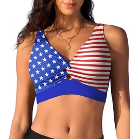 American Trends 4th of July Bikini Top for Women Patriotic Stars and Stripes Bikini Tops 2025 Padded V Neck Adjustable Tank Bathing Suits L
