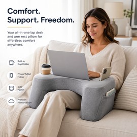 Gaming Lap Pillow for Sofa Comfort – Memory Foam Armrest Desk with Cup Holder, Phone Stand & Storage Pockets