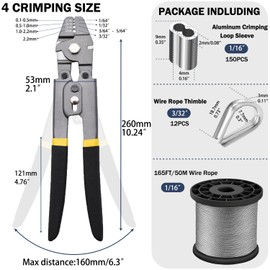 Wire Rope Crimping Tool Kit,165FT Wire Rope Kit,1/16" Stainless Steel Cable with 150PCS Aluminum Crimping Loop Sleeve, 20Pcs Wire Rope Thimble