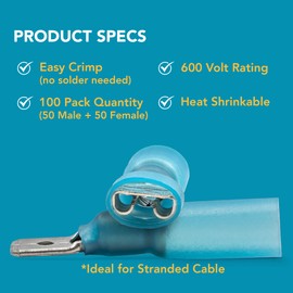 Rebuild Skills 50pcs Male + 50pcs Female Blade Spade Connectors .25" (1/4'') 6.3mm 16-14 AWG Blue, Heat-Shrink Insulated Quick-Disconnect Electrical Crimp Terminals