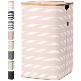 BALEINE Laundry Hamper with Lid, Tall Laundry Baskets with Bamboo Pull Handles, Large Laundry Bin with Internal Support (26 Gal/100L, Pink Pinstripe)
