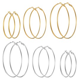 6 Pairs Stainless Steel Hoop Earrings for Women Silver Gold Hoop Earrings for Women Gold Plated Big Large Hoops Earring 3 Sizes Lightweight Fashion Round Circle Huggie soft Hoops