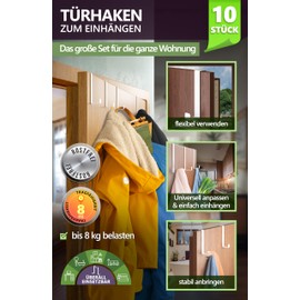 4smile Door Hooks for Hanging, Set of 10, Colour White, Solid Coat Hooks Door for the Whole Home, Flexible Hooks for Hanging, Heavy Duty Door Hook Rail, Universal Door Coat Rack