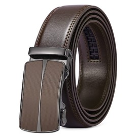 Men's Leather Belt Automatic Ratchet Buckle Slide Belt for Dress Casual Trim to Fit with Gift Box