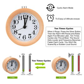 EC VISION Handmade Classic Small Round Silent Table Snooze Beech Wood Alarm Clock with nightlight