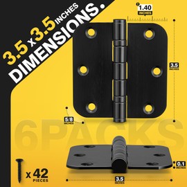 KOLET Ball Bearing Door Hinges, 3.5 Inches Black Door Hinges, 5/8'' Radius Corner Heavy Duty Stainless Steel Hinges, Smooth and Quiet, Non Removable Pin, Matte Black, 6 Pack