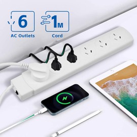 Surge Protector Power Strip, Plugd 6-Outlet Outlet Powerboard, Flat Plug with 1 Meter Extension Cord, Overload Surge Protection, Wall Mount for Home Office, SAA Approved AU (6 Outlets)