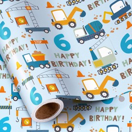 RUSPEPA 6th Birthday Wrapping Paper for Boy - Mini Roll - Blue Cartoon Cars Trucks and Happy Birthday Text Pattern for Boys' or Kids' Birthday Party and More - 17 inches x 16.4 feet - 6 Years Old