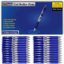 THINK2MASTER [24 Pens - Blue Ink] Think2 Retractable Gel Pens. (24 Blue) Fine Point (0.5mm) Rollerball Pens with Comfort Grip.