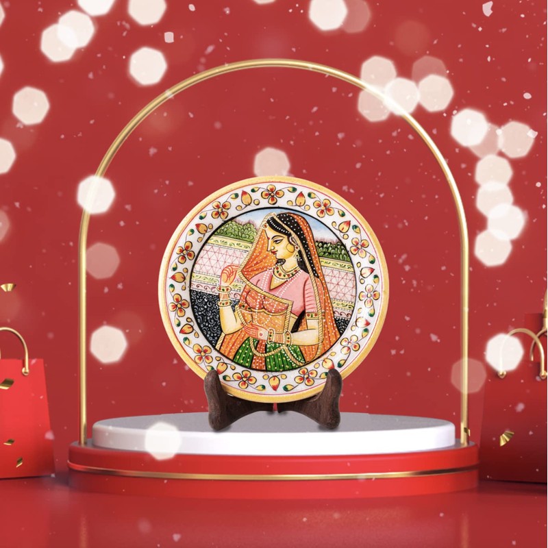 Marble Decorative Plate Traditional Indian Handpainted Round Shape Showpiece Pottery