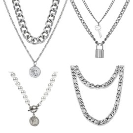 Liekadijiae Set of 4 Layered Chain Necklace Set, Layered Pendant Necklace, Pendant Necklace, Multilayer Punk, Simple Chain Necklace Lock for Sweaters, Jackets, Jeans, Punk Skirts, Zinc