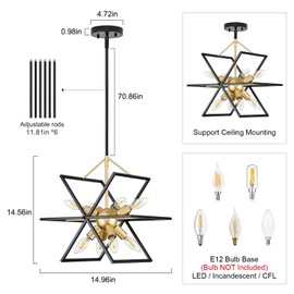 TEMINBU Modern Small Black and Gold Chandelier, Geometric Lantern Dining Room Pendant Light Fixture, 8-Light Industrial Metal Hanging Lighting Fixtures for Kitchen, Entryway, Foyer