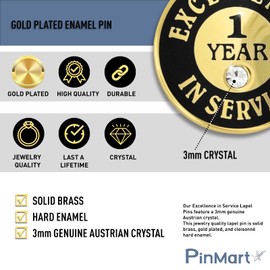 PinMart Gold Plated Excellence in Service Year Award Lapel Pin - Metal Enamel Workplace Reward Pin w/Rhinestone - 1-60 Years Pins for Long Standing Employees