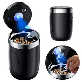 Car Ashtray with LED, Portable Stainless Steel Ashtray, Car Ashtray with Lid, Removable Smokeless Ashtray for Cars, Vans, Outdoors, Camping