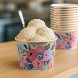 Prims & Flourish Disposable Paper Ice Cream Cups and Soup Bowls, 50-Count 9-oz, Blue Bloom & Blush Garden Floral Designs, Hot/Cold Paper Snack Cups, Ice Cream Cups Disposable, Soup Bowls Disposable