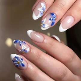 24Pcs White French Tip Press on Nails Medium Almond 3D Flower Fake Nails with Gold Pearl Designs Glossy Artificial Acrylic Full Cover False Nails Blue Floral Nails Summer Press ons for Women Manicure