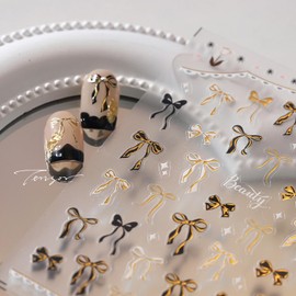 Bow Nail Stickers for Nail Art 5D Embossed Black Gold Bow Nail Art Stickers Golden Bow Ribbon Nail Decals Self-Adhesive Bow-Knot Nail Art Decals for Women Valentine Nail Supplies Art Design