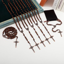 KOMI 12 PCS Wood Rosary Beads Bulk for Men, Handmade Wooden Rosary with St Benedict Medal and Crucifix Cross Rosaries with Velvet Bag Rosary Catholic