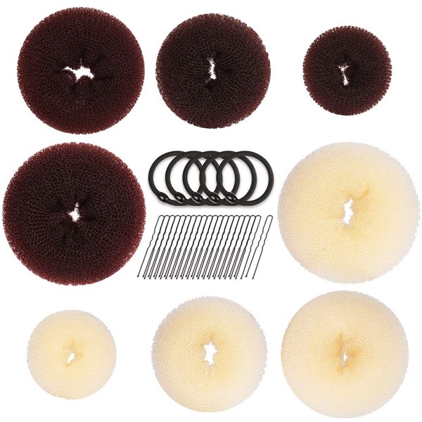 8pcs Hair Donut Bun Maker, FANDAMEI Hair Bun Maker Set with 4pcs Dark Brown &4pcs Beige Donut Bun Makers (2 extra-large, 2 large, 2 medium and 2 small), 5 pieces Hair Elastic Bands,20 pieces Hair Pins